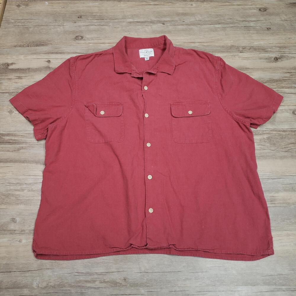 Lucky Brand Shirt Mens 2XL Red Linen Blend Short Sleeve Button Up Casual Summer